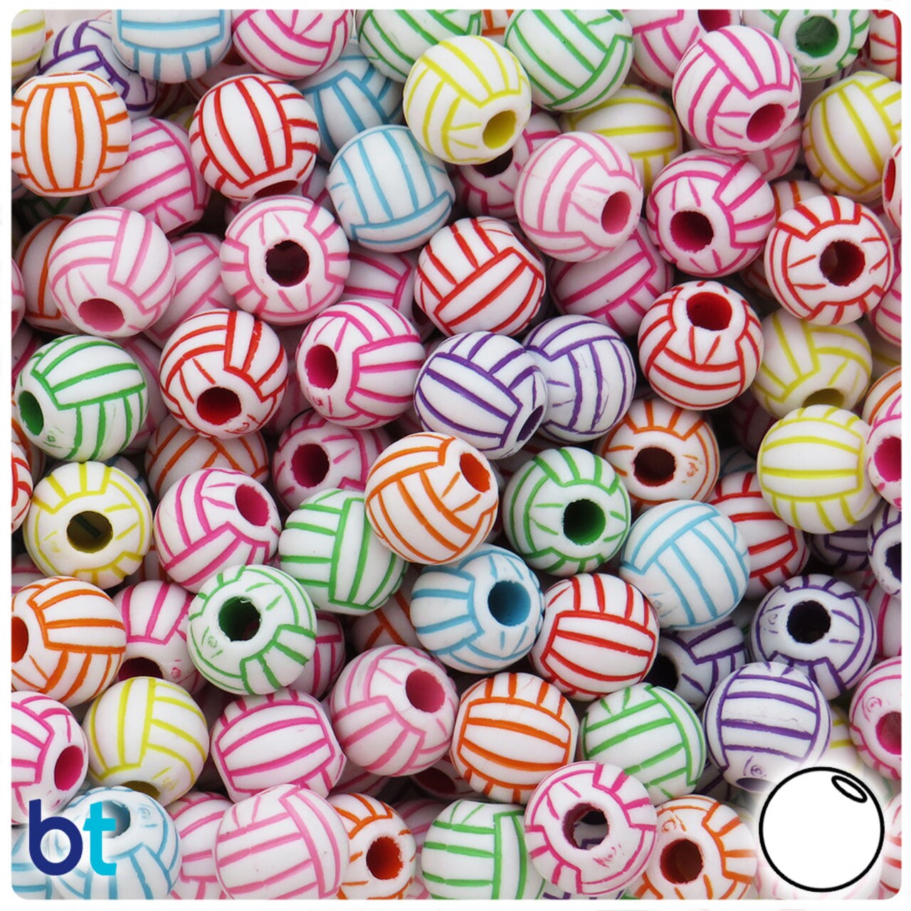 BeadTin White Opaque 12mm Round Plastic Pony Beads - Colored Volleyball Design (48pcs)